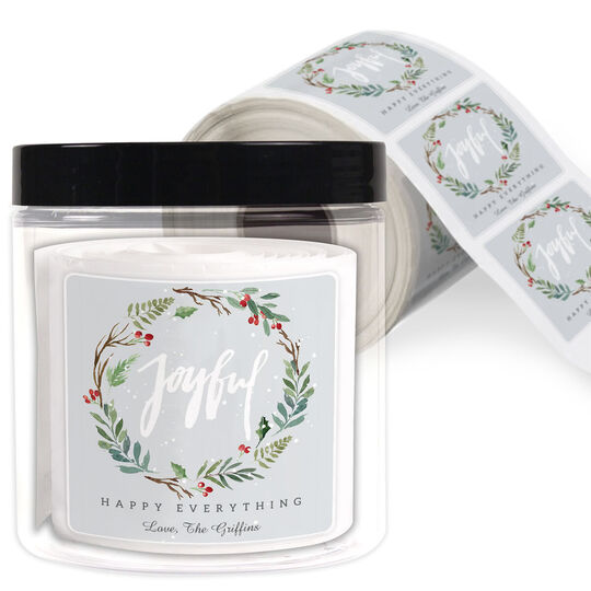 Joyful Wreath Square Gift Stickers in a Jar